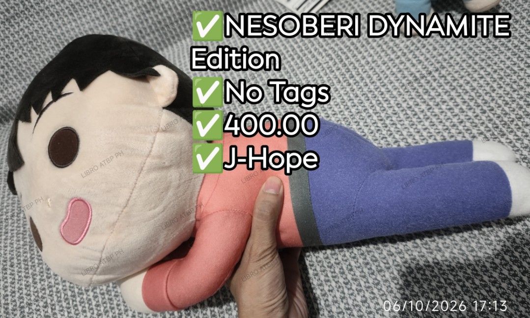 Nesoberi J-Hope (Category: K-Wave Merchandise) located in Quezon City. Submitted by libro_atbp (Listing ID 1466255126, Image 1). Description: 🧸💜 TINY TAN / BT21 FOR SALE! ⤷ Personal collection decluttering ✨ ⤷ Paubos sale. ⤷ 📸 Prices are on the photos. ⤷ 📍 North Olympus Subd., Quezon City • pm for inquiries • no cancellations! • PAYO ONLY! FIRST-TO-PAY POLICY MOD: sdd/j&t/flash MOP: gcash/maya/gotyme/maribank.