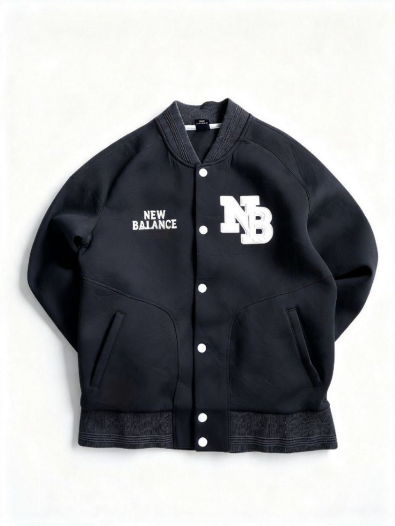 New Balance Bomber Jacket AMJ61606-BK Size L (Category: Coats, Jackets and Outerwear) located in Manila. Submitted by nisayy13 (Listing ID 1466241602, Image 1). Description: - Brand: New Balance - Style: Bomber jacket with snap button closure - Color: Black with large white NB chest branding and back logo - Size: Large - Pockets: Two front welt pockets - Details: Ribbed collar, cuffs, and hem - Origin: Made in China - Condition: Brand new.