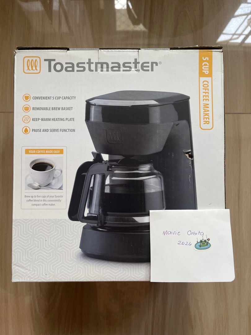New Toastmaster 5 Cup Coffee Maker (Category: Coffee Machines & Makers) located in Tanza. Submitted by morbita (Listing ID 1466159696, Image 1). Description: Toastmaster 5 Cup Coffee Maker BRAND NEW - never used - 110V ❗️ - pause and serve function - tempered glass carafe - removable brew basket - water reservoir with flip-top lid - price still negotiable 🧧: BPI, GCash, Maya, and Landbank 🚘 : J&T, Flash Express, LBC, and any SDD .