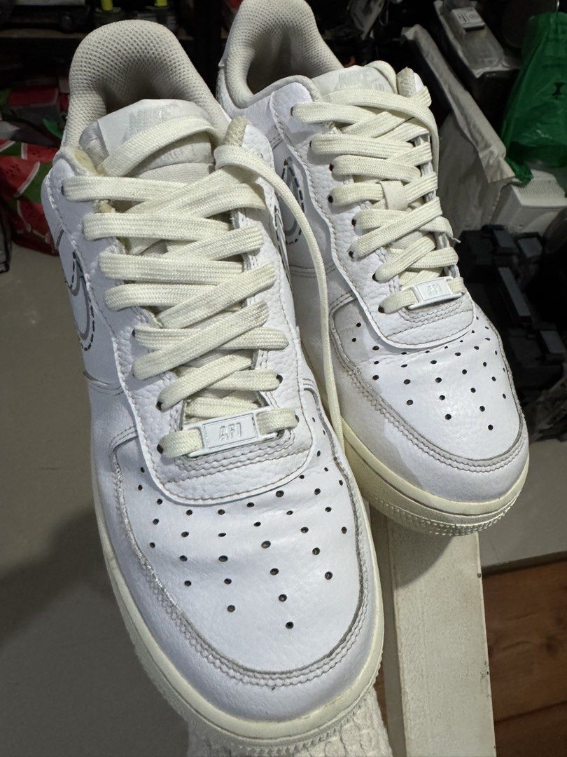 Nike Air Force 1 Low White Stitch (Category: Sneakers) located in Cavite. Submitted by marcuz1316 (Listing ID 1466255211, Image 1). Description: White tumbled leather Nike Air Force 1 sneakers. Unique exposed stitching details along the sides and swoosh outline. Off-white cream laces and matching soles. Classic AF1 lace dubraes. Tonal Nike Air embroidery on the heel. Comfortable padded collar and mesh lining. Clean overall aesthetic with subtle d