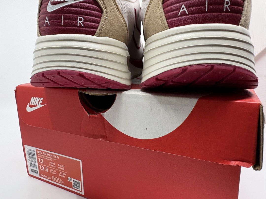Nike Air Max Solo (Category: Sneakers) located in Manila. Submitted by rob.fesalbon (Listing ID 1466248218, Image 3). Description: - Brand: Nike Air Max Solo - Colorway: White, Hemp, and Noble Red with dark red accents - Materials: Mesh upper with premium suede overlays - Cushioning: Visible Air unit in the heel for comfort - Condition: Brand new (tried only) - Inclusion: Complete with original Nike shoebox and intact size label - Shipping at buy