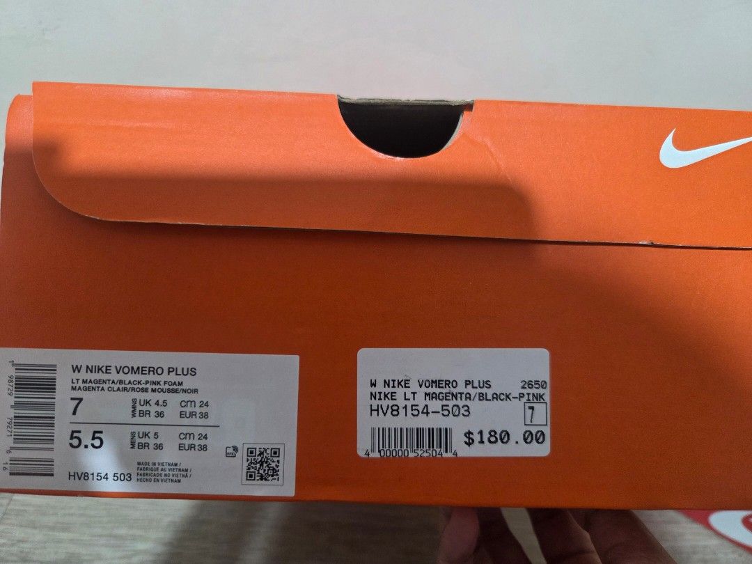 Nike Vomero Plus (Category: Sneakers) located in Makati City. Submitted by zealfire.ce9311 (Listing ID 1466223720, Image 3). Description: Brand new Nike Vomero Plus in light magenta, black, and pink (Women's US 7 / UK 5 / EUR 38). Features a ZoomX foam midsole with a vibrant purple and orange gradient, plus a textured mesh upper with tonal branding. Comes in the original orange Nike shoebox. Perfect for running and lifestyle wear! Bought it in US