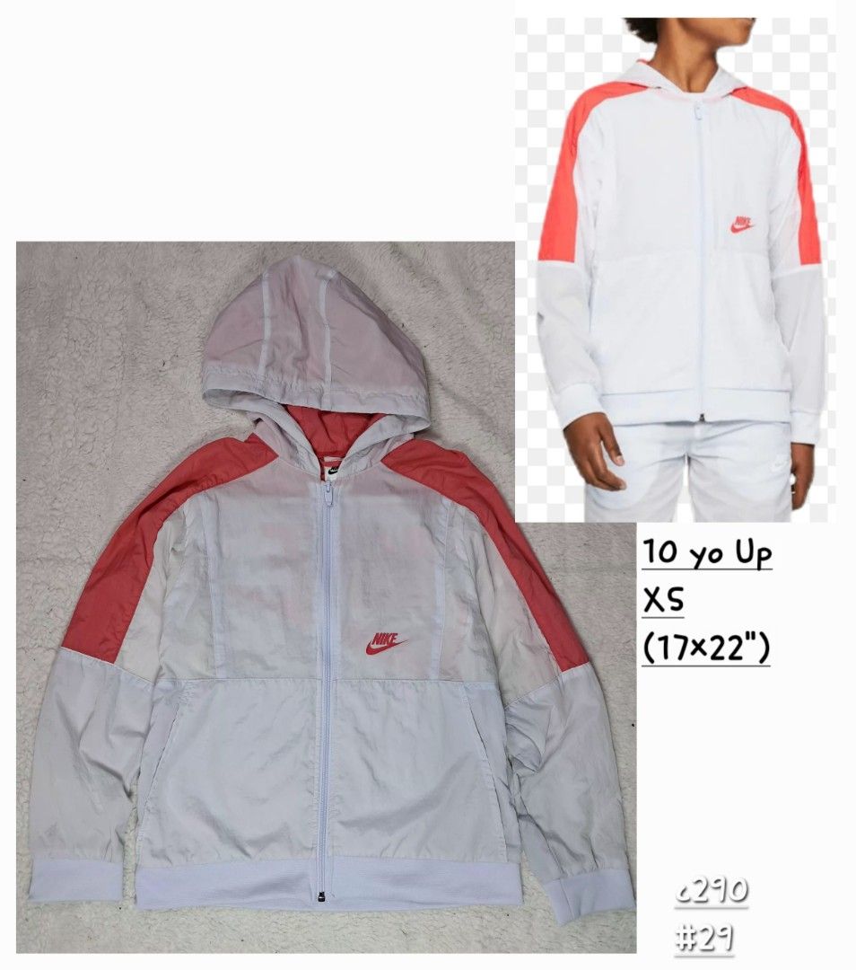 Nike windbreaker jacket (Category: Babies & Kids Fashion) located in Baguio. Submitted by mishmashfritz (Listing ID 1466250437, Image 1). Description: like new, no flaws, kids/teens xxs to xs adult light blue/ red color thrifted, needs wash.