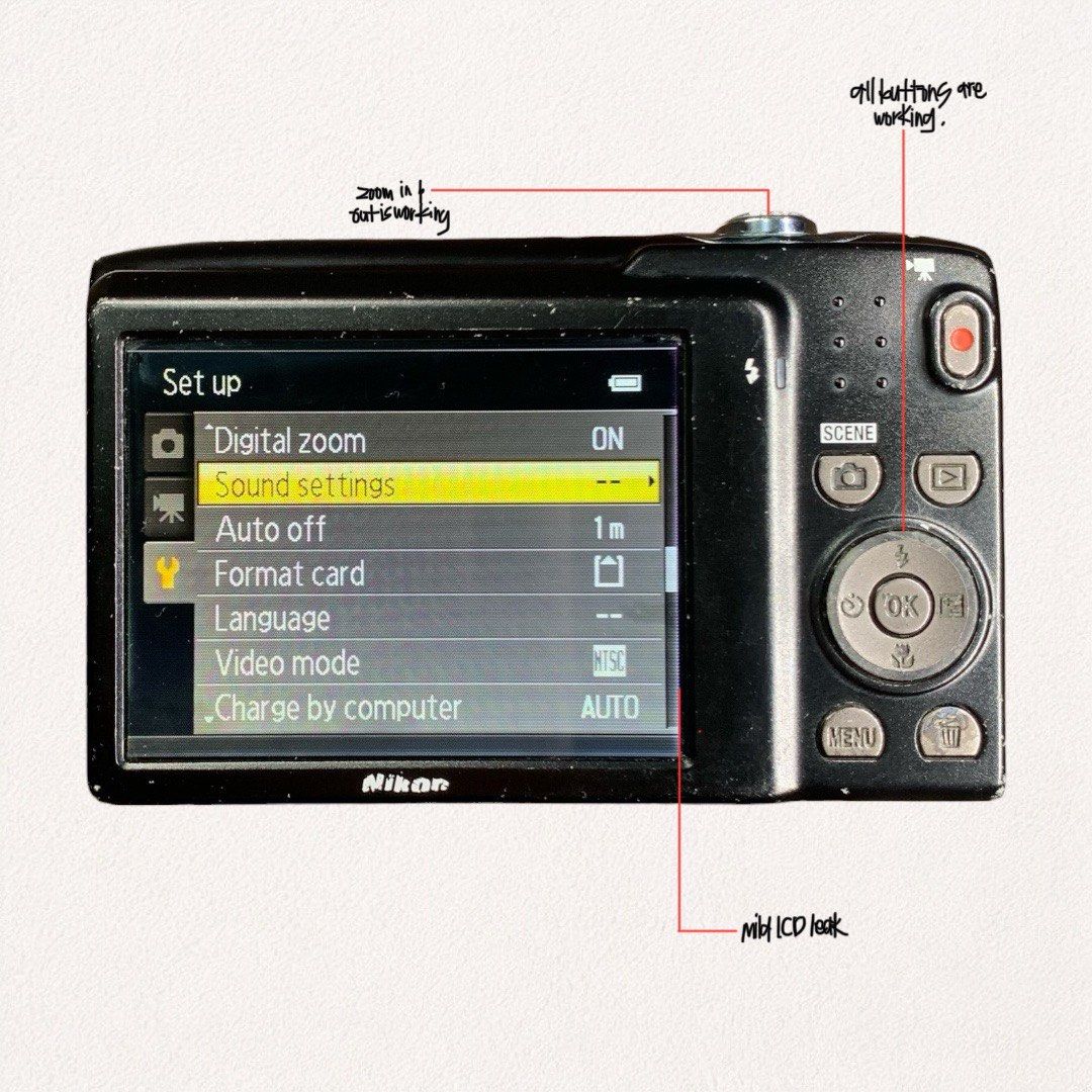 NIKON COOLPIX S3100 (Category: Cameras) located in Quezon City. Submitted by _cyberplug (Listing ID 1466293989, Image 2). Description: NIKON COOLPIX S3100 P2999 ★★★★ Body Condition ISSUE -mild LCD leak -focus issue -no flash • 14.0 Megapixels CCD sensor • 5× optical zoom NIKKOR lens with Electronic VR • Contrast-detect autofocus with face detection & subject tracking • Built-in flash with red-eye reduction • Multiple shooting modes including Scen
