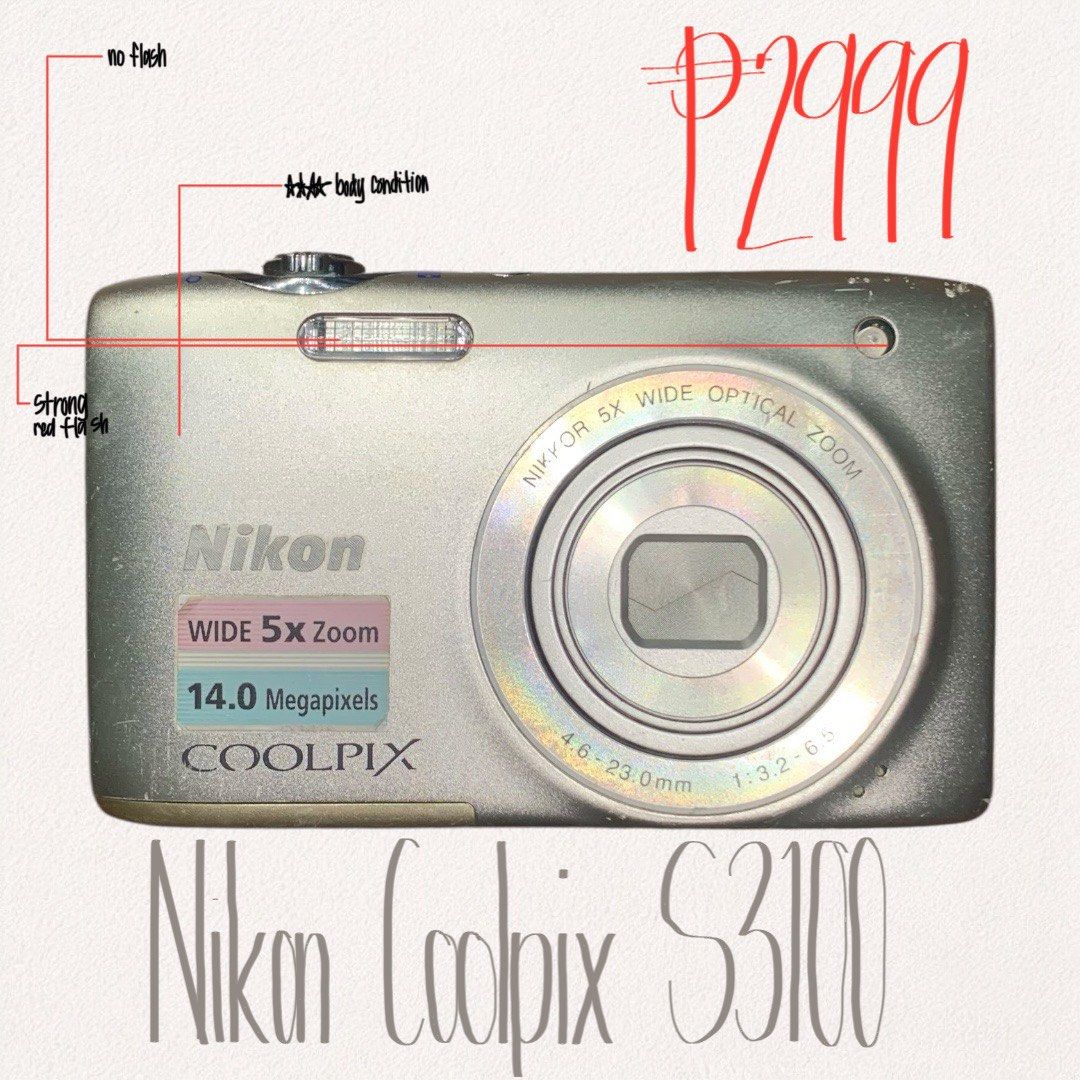 NIKON COOLPIX S3100 (Category: Cameras) located in Quezon City. Submitted by _cyberplug (Listing ID 1466293989, Image 1). Description: NIKON COOLPIX S3100 P2999 ★★★★ Body Condition ISSUE -mild LCD leak -focus issue -no flash • 14.0 Megapixels CCD sensor • 5× optical zoom NIKKOR lens with Electronic VR • Contrast-detect autofocus with face detection & subject tracking • Built-in flash with red-eye reduction • Multiple shooting modes including Scen