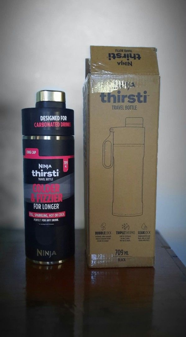 Ninja Thirsti Travel Bottle 709ml Black Chug Cap (Category: Water Bottles & Tumblers) located in Paranaque City. Submitted by lottenan (Listing ID 1466176192, Image 1). Description: - Authentic Ninja Thirsti travel bottle in sleek black - Generous 709 ml capacity, original box included - Bubble Lock technology specifically designed for carbonated drinks - Triple thermo insulation keeps drinks hot or cold for hours - Leak Lock cap prevents spills 