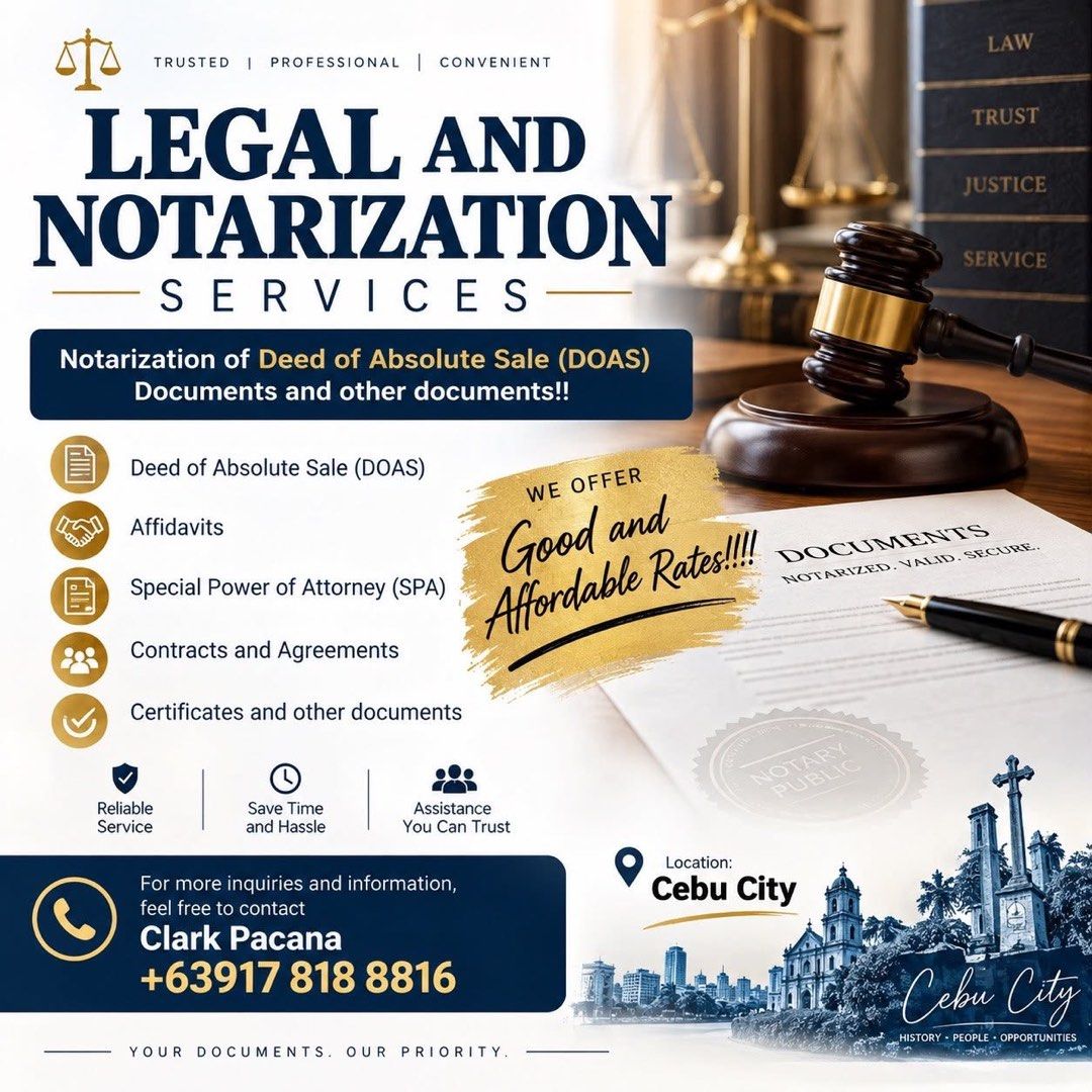 Notarization Services in Cebu City (Category: Announcements) located in Mandaue City. Submitted by clark_168 (Listing ID 1466156780, Image 1). Description: NOTARIZATION SERVICES IN CEBU CITY Need documents notarized? We offer professional, reliable, and affordable notarization services for: ☑ Deed of Absolute Sale (DOAS) ☑ Affidavits & Declarations ☑ Contracts & Agreements ☑ Other legal documents 💰 GOOD & AFFORDABLE RATES! 📍 Location: Cebu City