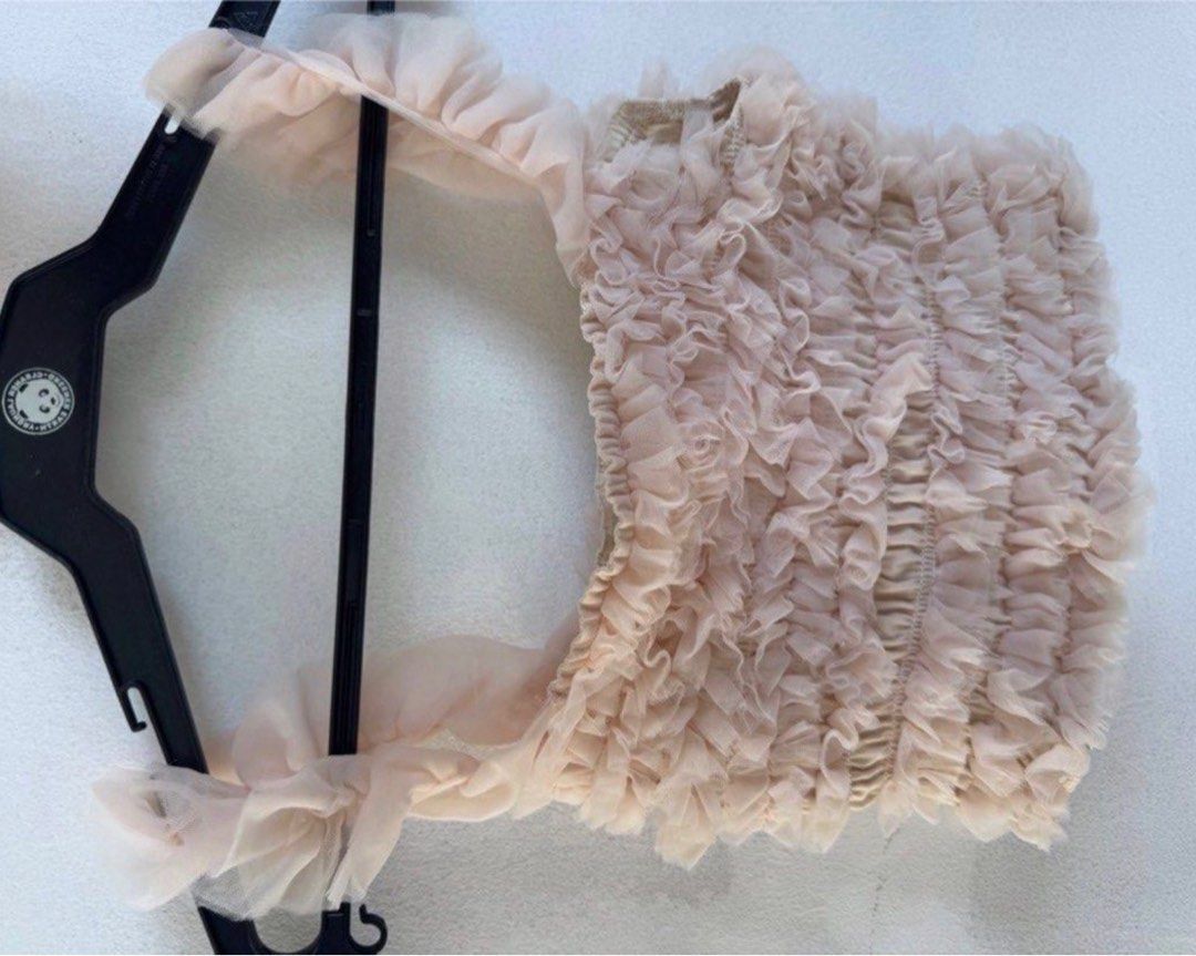 Nude Ruffled Tulle Crop Top (Category: Sleeveless) located in Manila. Submitted by decluterthings888 (Listing ID 1466335744, Image 1). Description: - Style: Nude pink mesh crop top with all-over ruffles and square neckline - Fit: Snug and stretchy smocked body with thick ruffled straps - Material: Soft, lightweight, and airy tulle - Length: Cropped, great for pairing with high-waisted jeans or skirts - Condition: Brand new / Excellent quality.