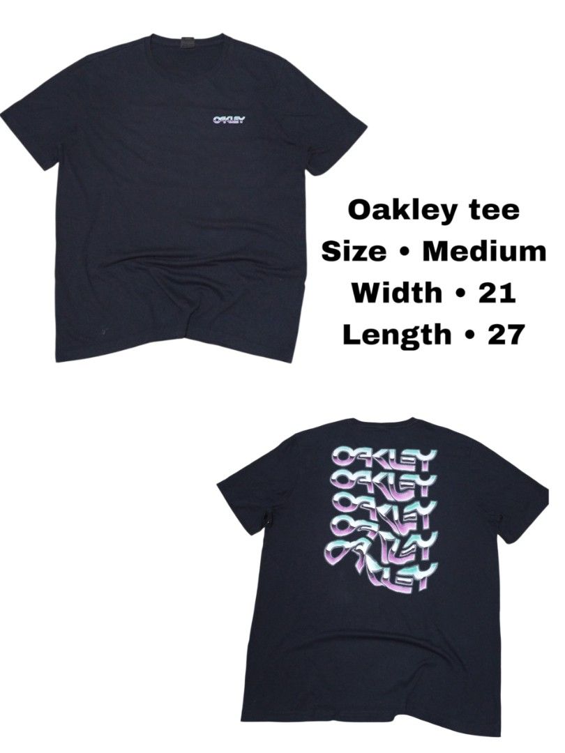 Oakley tee (Category: Activewear) located in Manila. Submitted by _t20hrift (Listing ID 1466332485, Image 1). Description: oakley tee size • Medium 21 | 27 Dimension.