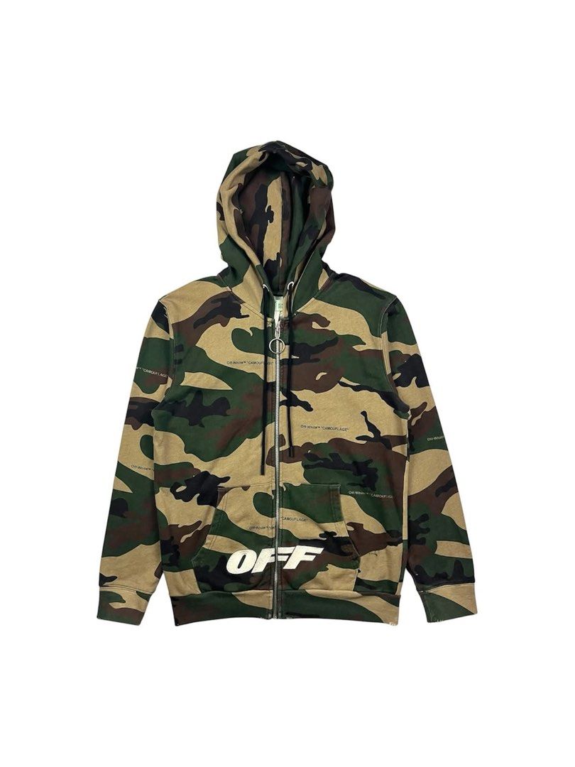 Off-White - Camo Zip-Up Hoodie (Category: Hoodies) located in Puerto Princesa. Submitted by rrugsgallery (Listing ID 1466301867, Image 1). Description: Off-White - Camo Zip-Up Hoodie Tagged Size: Small Dimensions Length: 27.5 Width: 21.5 Condition: Excellent Color rate: 9 / or better Flaws: Minor signs of usage.