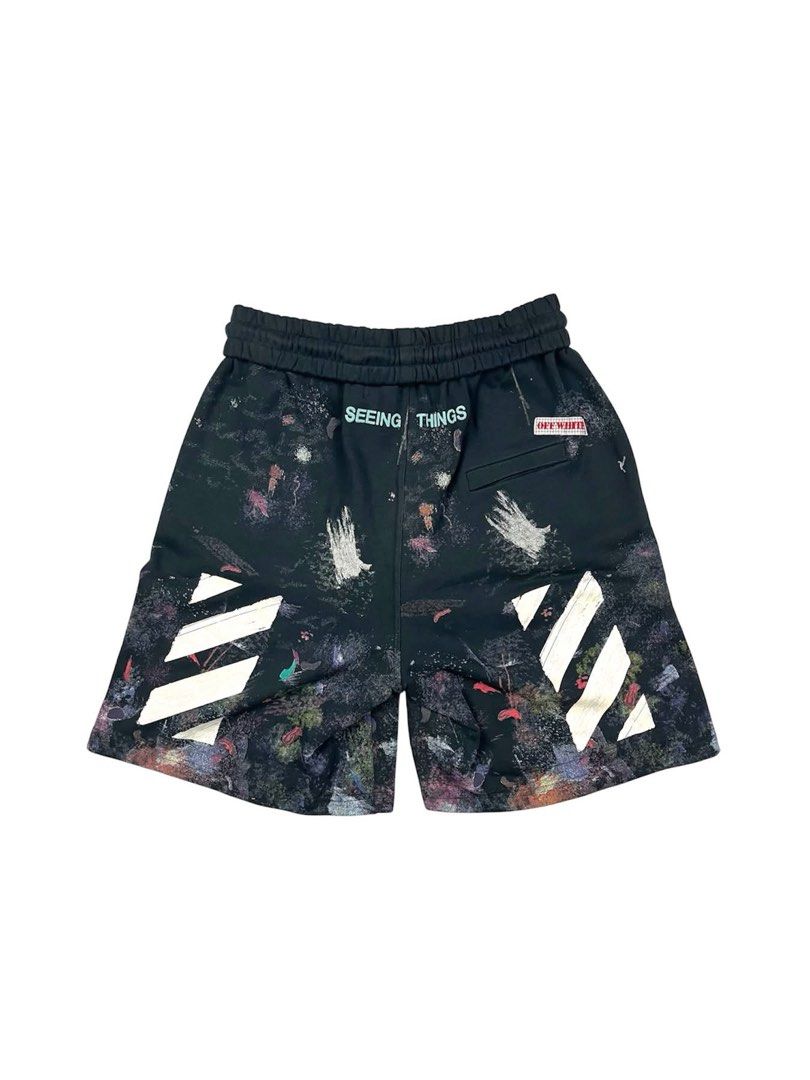 Off-White - Galaxy Shorts (Category: Shorts) located in Puerto Princesa. Submitted by rrugsgallery (Listing ID 1466313676, Image 2). Description: Off-White - Galaxy Shorts Tagged Size: Small (30-34) Dimensions Length: 19.5 Waist (width): 15.5 Thigh opening: 14 Condition: Excellent Color rate: 9.5 Flaws: None .