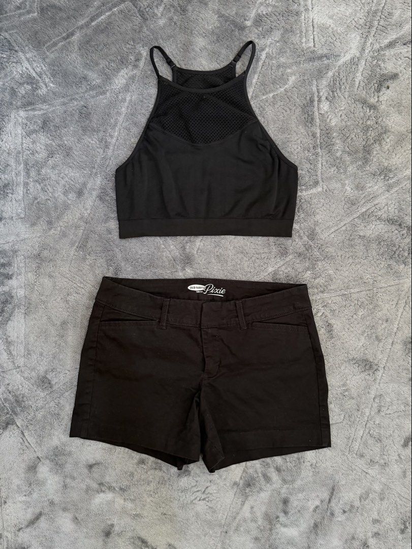 Old Navy Pixie Shorts and Xhilaration Crop Top (Category: Sets or Coordinates) located in Manila. Submitted by yeti_it (Listing ID 1466268995, Image 1). Description: - 2-piece all-black clothing bundle - Old Navy Pixie shorts (size on label) - Xhilaration mesh crop top (Size S, nylon/spandex with neckline mesh detail) - Great versatile basics for casual days or workouts - Clean and ready for a new owner.