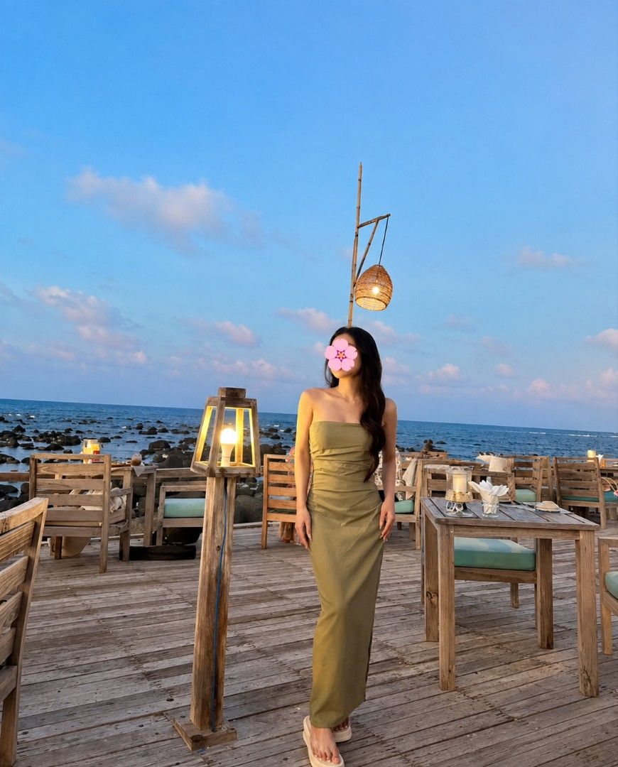 Olive Green Strapless Maxi Dress (Category: Dresses) located in Manila. Submitted by kristinegloria (Listing ID 1466196370, Image 1). Description: - Color: Olive green - Style: Strapless maxi dress with fitted bodice and ankle-length skirt - Details: Flattering subtle side ruching down the front - Versatility: Perfect for vacations, romantic dinners, or beach outings - Styling: Pairs effortlessly with both sandals and heels - Closure: Easy slip-o