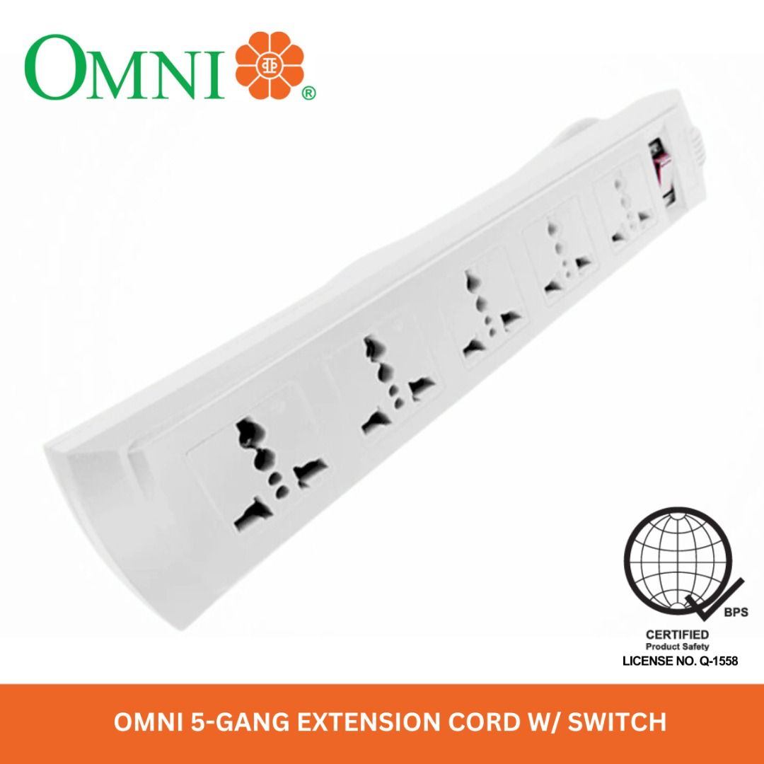 OMNI 5-Gang Extension Cord with Switch (Category: Electrical, Adaptors & Sockets) located in Quezon City. Submitted by mo.me (Listing ID 1466285429, Image 3). Description: - Brand/Model: OMNI 5-Gang Extension Cord (White) - Outlets: 5 Universal outlets for versatile plug compatibility - Safety Feature: Master power switch with built-in reset button - Certification: BPS Certified (License No. Q-1558) - Convenient Design: Long power cord neatly wra