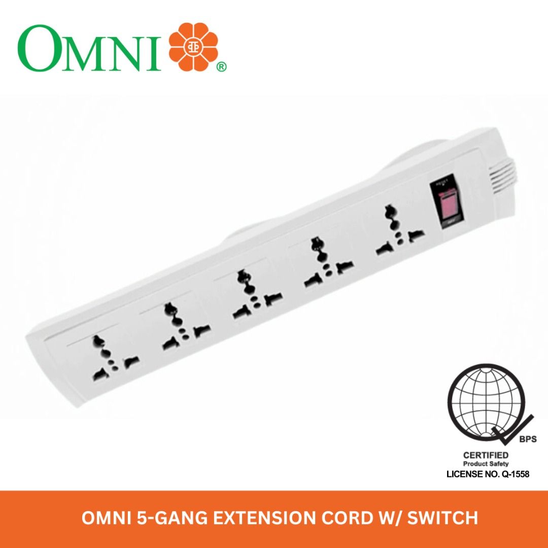 OMNI 5-Gang Extension Cord with Switch (Category: Electrical, Adaptors & Sockets) located in Quezon City. Submitted by mo.me (Listing ID 1466285429, Image 1). Description: - Brand/Model: OMNI 5-Gang Extension Cord (White) - Outlets: 5 Universal outlets for versatile plug compatibility - Safety Feature: Master power switch with built-in reset button - Certification: BPS Certified (License No. Q-1558) - Convenient Design: Long power cord neatly wra