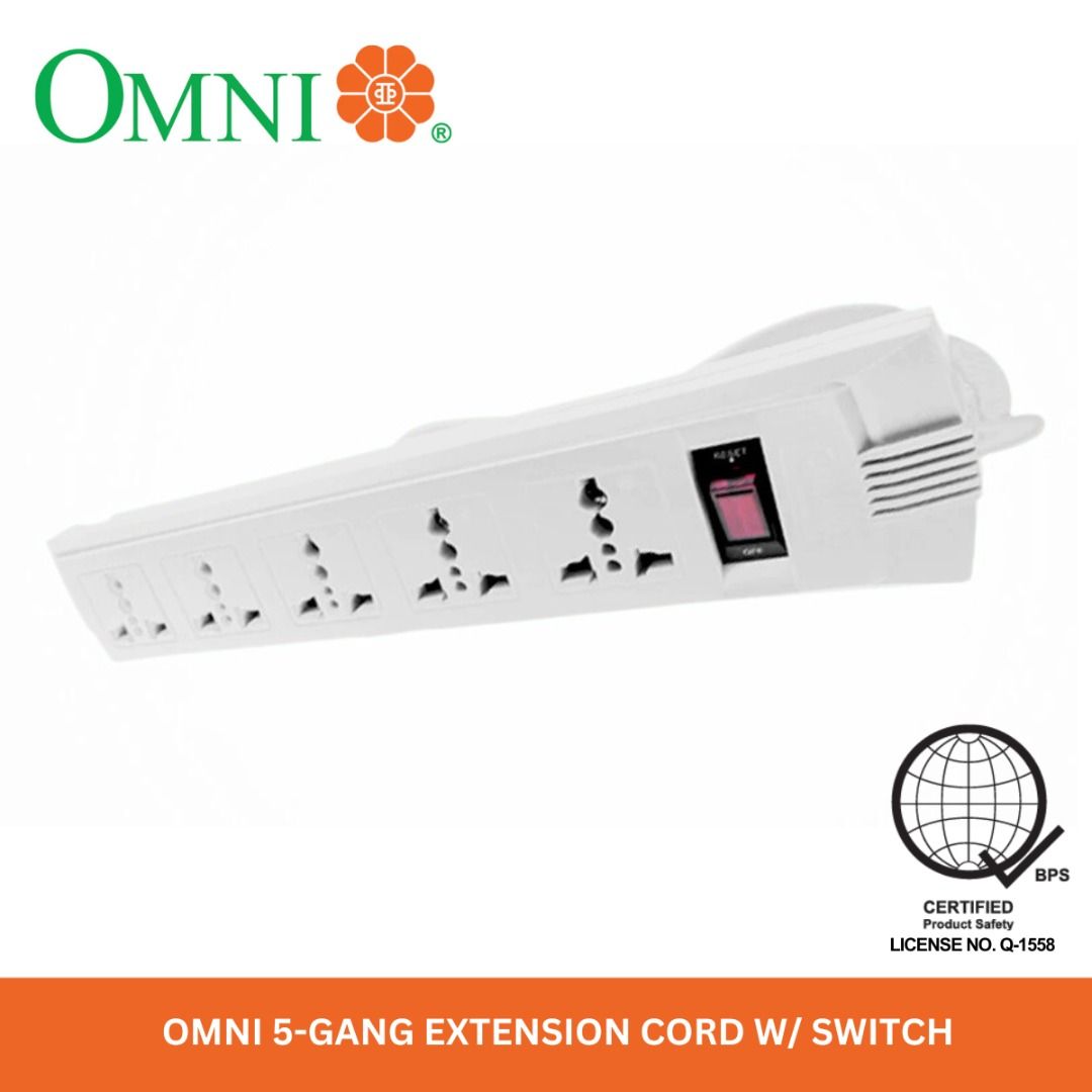 OMNI 5-Gang Extension Cord with Switch (Category: Electrical, Adaptors & Sockets) located in Quezon City. Submitted by mo.me (Listing ID 1466285429, Image 2). Description: - Brand/Model: OMNI 5-Gang Extension Cord (White) - Outlets: 5 Universal outlets for versatile plug compatibility - Safety Feature: Master power switch with built-in reset button - Certification: BPS Certified (License No. Q-1558) - Convenient Design: Long power cord neatly wra