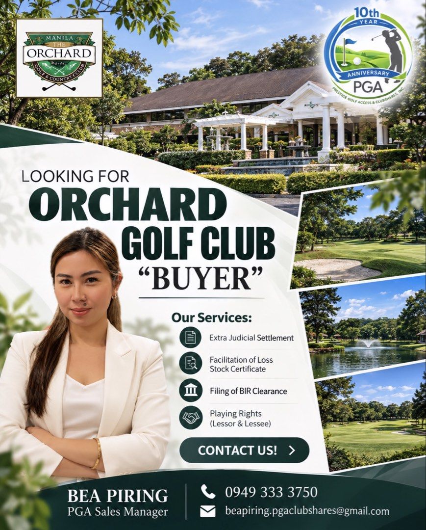 ⛳️ORCHARD GOLF CLUBSHARE (Category: Golf) located in Muntinlupa City. Submitted by beapring.pgaclubshares (Listing ID 1466162254, Image 1). Description: ORCHARD GOLF & COUNTRY CLUB For those keeping an eye on Orchard, I currently have options for both ownership and playing access. • Golf Share • Playing Rights • Lease Options If you're considering either one, I can send you the current figures, club fees, and transfer/assignment details so you ca