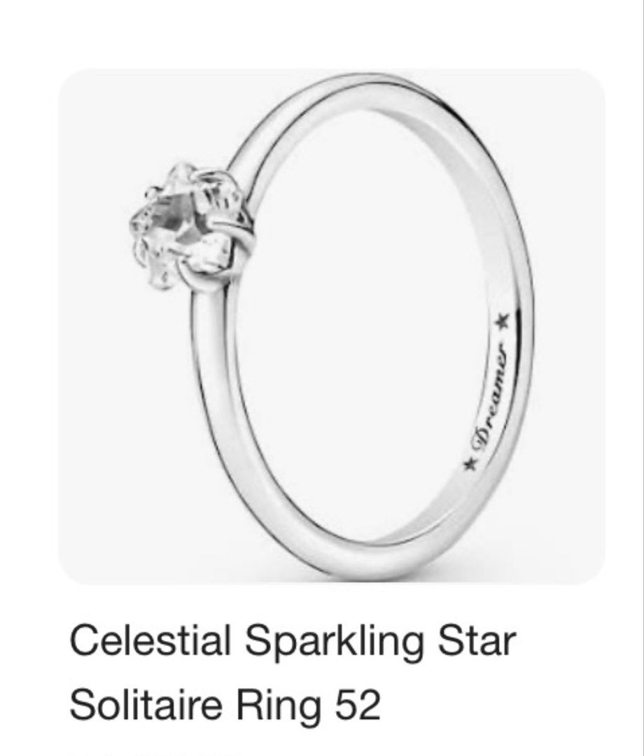 Pandora Celestial Sparkling Star Solitaire Ring Size 52 (Category: Rings) located in Cavite. Submitted by schnauzerthecutie (Listing ID 1466192035, Image 1). Description: - Brand: Pandora - Style: Celestial Sparkling Star Solitaire Ring - Size: 52 - Material: Sterling Silver (stamped S925 ALE) - Details: Inner band engraved with "Dreamer" and star motifs; prong-set star-shaped solitaire stone - Condition: Worn only a few times with minimal signs 