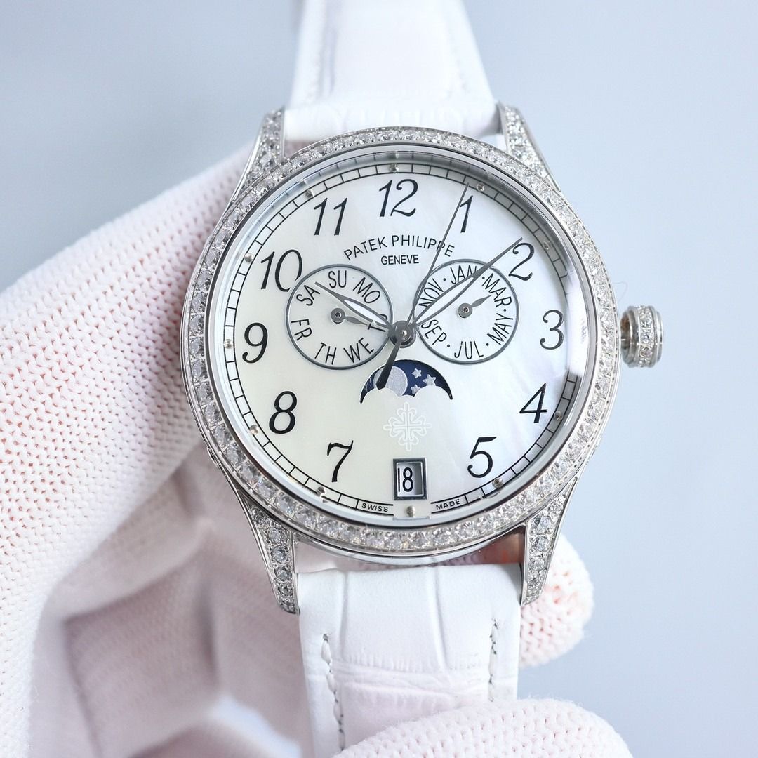 Patek Philippe Diamond Bezel Watch with White Strap (Category: Luxury Watches) located in Cebu City. Submitted by namenirdzz69567 (Listing ID 1466225762, Image 1). Description: - Authentic Patek Philippe luxury timepiece - Dazzling diamond-set bezel, lugs, and case side - White mother-of-pearl dial with classic Arabic numerals - Triple subdials for calendar and moon phase functions - Convenient date window positioned at the bottom - Polished crow