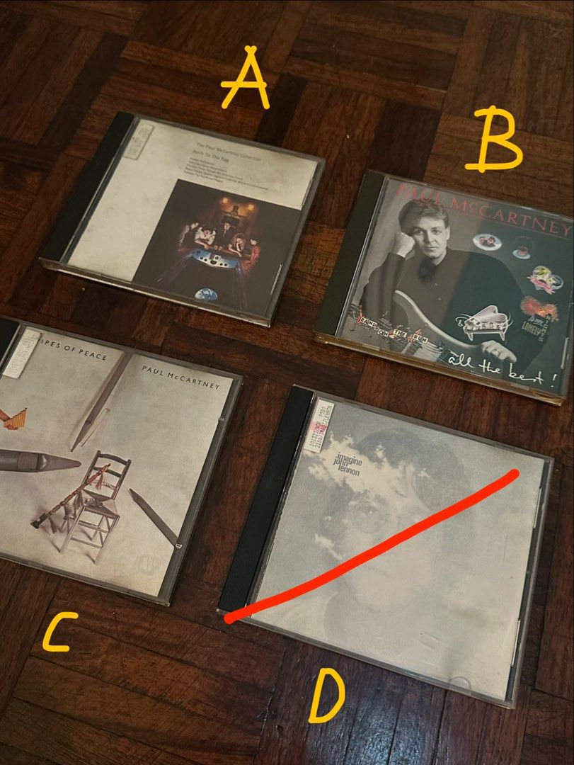 Paul McCartney and John Lennon CDs (Category: CDs & DVDs) located in Quezon City. Submitted by kittyrawr5 (Listing ID 1454845462, Image 1). Description: A: Back to the Egg, Paul McCartney B: all the best!, Paul McCartney C: Pipes of Peace, Paul McCartney D: SOLD.