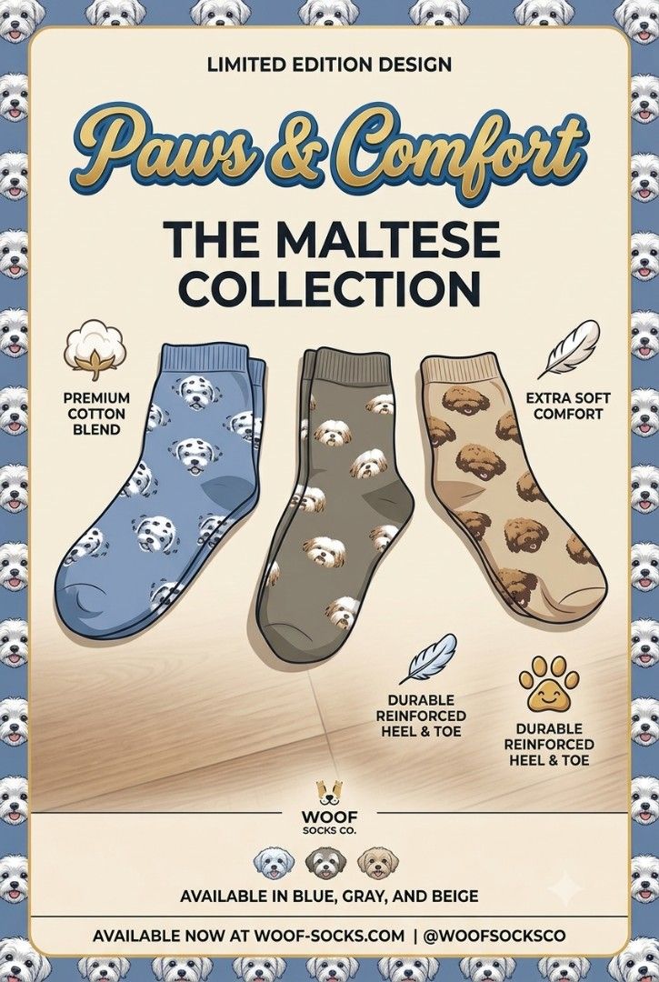 Paws & Comfort The Maltese Collection Socks (Category: Socks & Tights) located in Paranaque City. Submitted by herzoksy30 (Listing ID 1466183365, Image 3). Description: - Adorable dog print design from the exclusive Maltese collection - Made with a premium cotton blend for all-day comfort and extra softness - Durable reinforced heel and toe to prevent wear and tear - Available colors: Blue, Gray, and Beige - The perfect thoughtful gift for fur pa