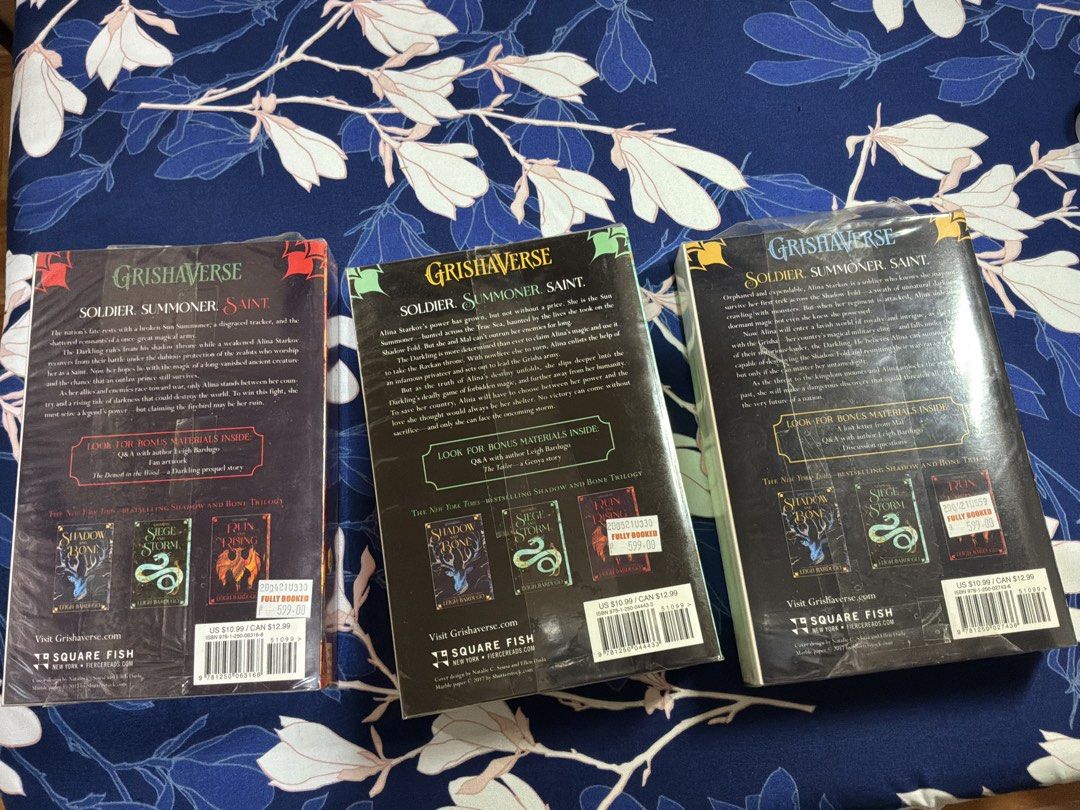 [Per Book] Shadow and Bone Trilogy Leigh Bardugo (Category: Storybooks) located in Quezon City. Submitted by kuromist (Listing ID 1466165783, Image 2). Description: Selling some of my preloved books to make space for new reads! I can also send more photos of the books. All the books were bought from FullyBooked and have been well-kept. Send a message if interested! ‼️₱950 if buying as set. 💰 MOP: Gcash/Maya 📦 MOD: SDD, buyer shoulders shipping!