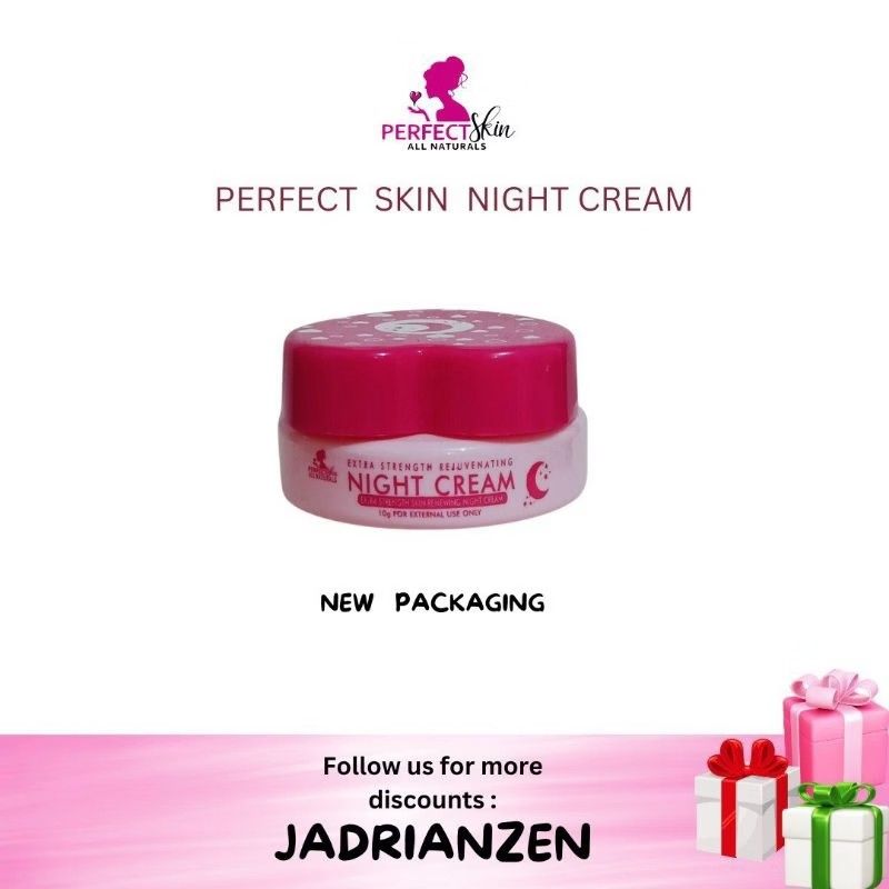 Perfect Skin Rejuvenating Night Cream (Category: Face Care) located in Manila. Submitted by jadrianzen (Listing ID 1466234632, Image 1). Description: Perfect Skin Extra Strength Rejuvenating Night Cream BENEFITS: • Whitens skin • Tightens pores • Dries Pimples fast • Lessen Pimple Marks • Keep Skin blemishes free • Removes blackheads and whiteheads • Removes Discoloration • Firms Skin • With a natural pink effect HOW TO USE? Apply thinly all over