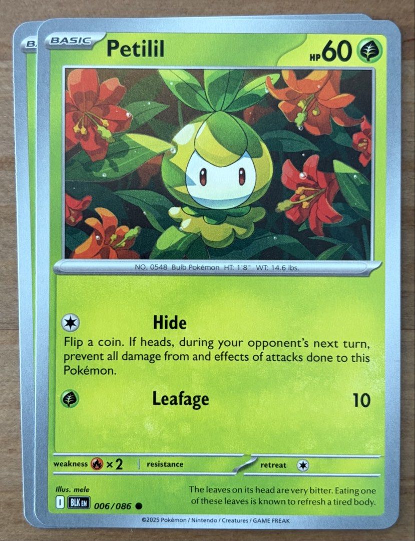 Petilil | Pokemon Cards ~ Black Bolt (Category: Raw Singles) located in Makati City. Submitted by cardlab (Listing ID 1466173278, Image 1). Description: Items are 💯 authentic/original/legit. About The Card: •Language: EN • Number: 006/086 • Common • Normal FOR: • Cards ₱99 and below with Card Sleeves • Cards ₱100 and up with Card Sleeves and Used Toploader • ₱10 for Bnew Tops Packaging (If Shipping): ✔️ Plastic cover ✔️ Cardboard ✔️ Bubble wrap 