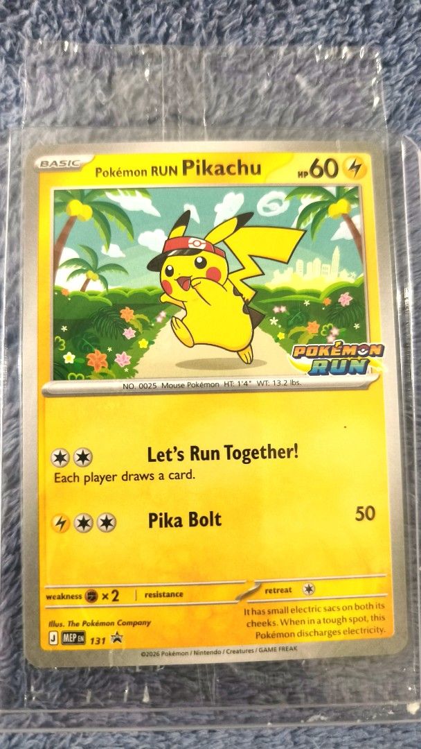 Pikachu 131 Rare (Category: Raw Singles) located in Manila. Submitted by doyoulikemiltank (Listing ID 1466189724, Image 1). Description: Pokémon RUN Pikachu Promo — 216/M-P Official 2026 Pokémon RUN 30 Pikachu promo card from the Philippines event. 📌 SEALED / UNOPENED / As given 📌 Card No. 216/M-P 📌 Philippines Pokémon RUN 30 event copy 📌 English Pokémon TCG promo 📌 Ungraded I got this card from the Pokémon RUN in the Philippines. I wanted t