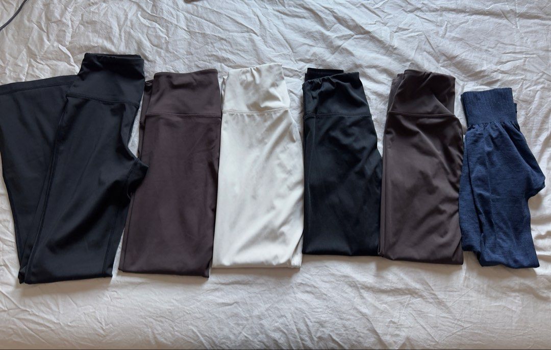 pilates yoga leggings (Category: Activewear) located in Pasig City. Submitted by youseemsadforagirlsoinlove (Listing ID 1463183042, Image 1). Description: Dark brown - size L - ₱150 Dark Brown - size M - ₱150 Ivory/Cream - size M - ₱150 Black (not flared) - size M - ₱120 Decathlon (navy blue) - size XS - ₱250.