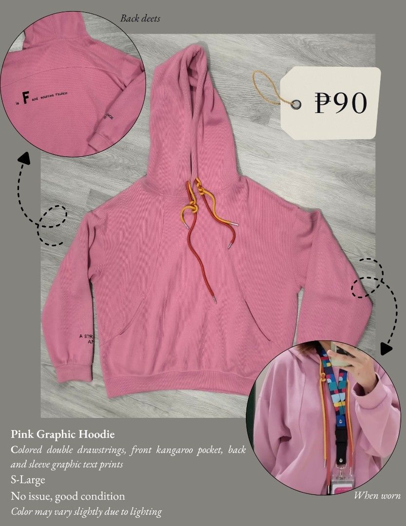 Pink Graphic Hoodie with Colored Double Drawstrings (Category: Coats, Jackets and Outerwear) located in Imus. Submitted by calmwolf_b9c1c6 (Listing ID 1466223115, Image 1). Description: - Color: Pink with red and yellow double drawstrings - Size: Fits Small to Large - Features: Front kangaroo pocket, graphic text prints on the back and right sleeve - Condition: Clean fabric, no issues found - Note: Color may vary slightly due to lighting.