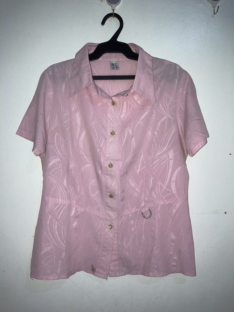 Pink leaf pattern short-sleeve button-down polo blouse (Category: Blouses) located in Daraga. Submitted by nanasnonsense (Listing ID 1466245777, Image 2). Description: PROMO! BUY 9 FOR 500 + GET 1 FREE - applicable for PHP 79 tops and/or dresses from my listings - choose free item from free pile Items are all preloved or thrifted so please manage your expectations. Thank you!.