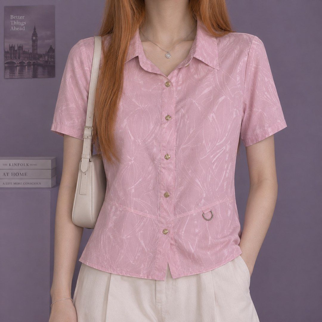 Pink leaf pattern short-sleeve button-down polo blouse (Category: Blouses) located in Daraga. Submitted by nanasnonsense (Listing ID 1466245777, Image 1). Description: PROMO! BUY 9 FOR 500 + GET 1 FREE - applicable for PHP 79 tops and/or dresses from my listings - choose free item from free pile Items are all preloved or thrifted so please manage your expectations. Thank you!.