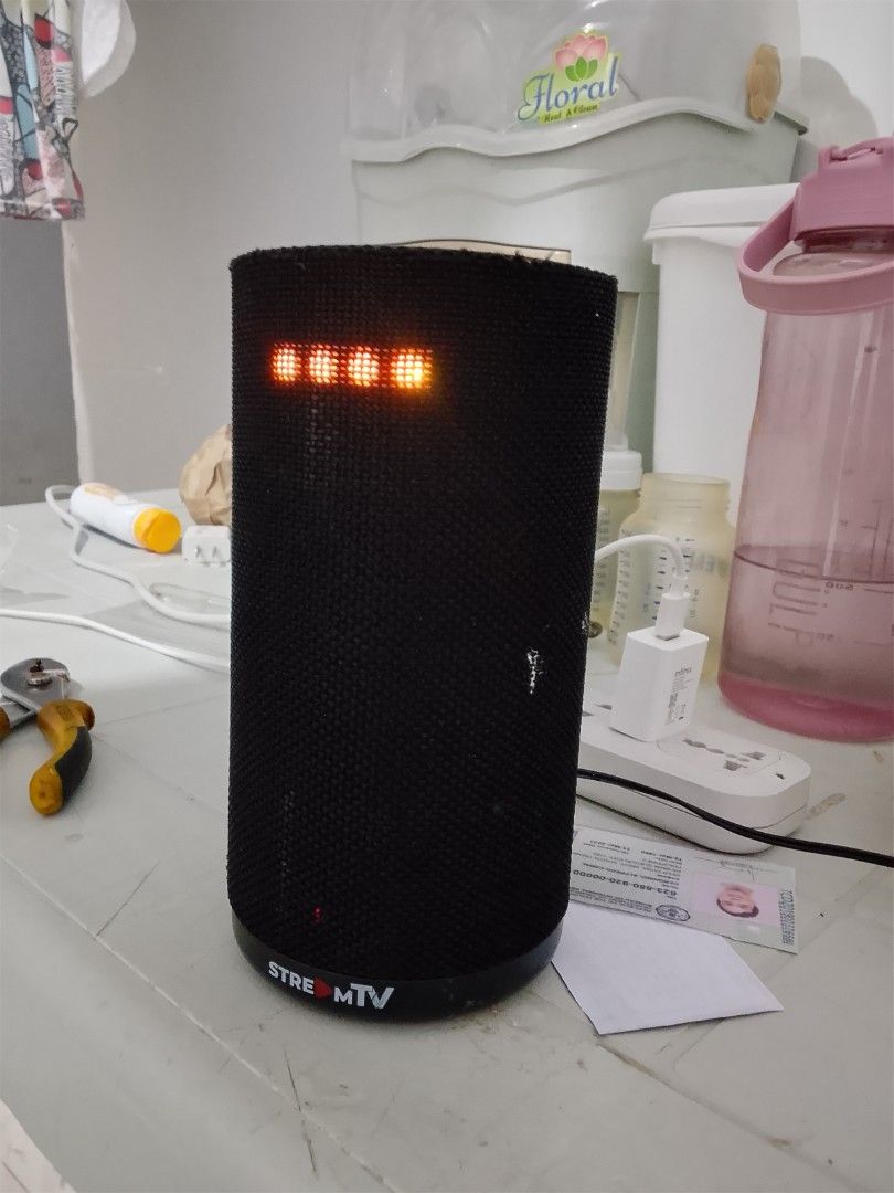 PLDT Home StreamTV+ Smart Speaker (Category: Soundbars, Speakers & Amplifiers) located in Quezon City. Submitted by zealstone_baf57c (Listing ID 1466294563, Image 3). Description: - Item: PLDT Home StreamTV+ smart speaker (Black) - Design: Cylinder shape with stylish mesh fabric exterior and front LED lights - Condition: Powers on and fully tested, selling due to an upgrade - Power: Plugs into standard wall outlets via USB power adapter - Perks: 