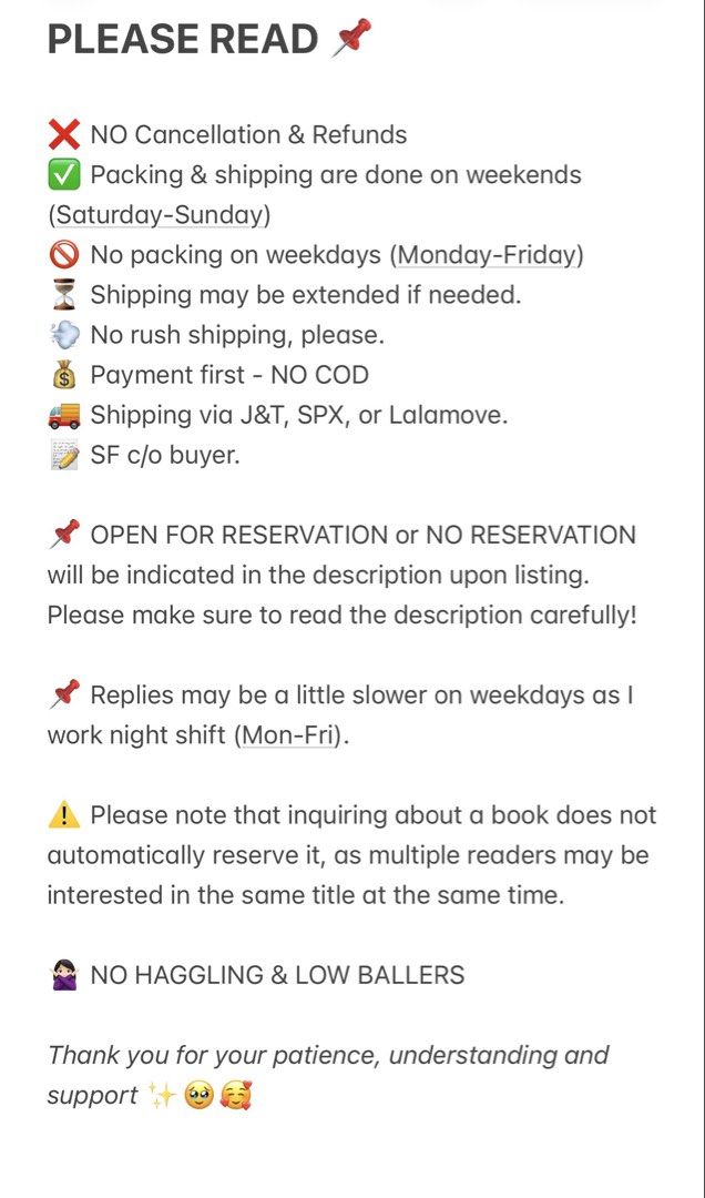 PLEASE READ BEFORE YOUR PURCHASE (Category: Announcements) located in Muntinlupa City. Submitted by pagesnthings (Listing ID 1466308005, Image 1). Description: This is not for sale, just for announcement or reminder for buyers. Please carefully read..