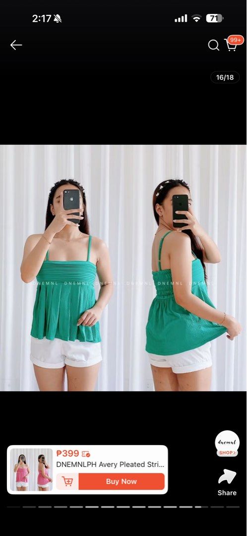 Pleated String Top (Category: Sleeveless) located in Angeles City. Submitted by elliemnopqrstuv (Listing ID 1466205529, Image 1). Description: - Color: Mint green - Design: Gathered pleated chest with textured fabric - Straps: Thin spaghetti straps with gold-tone adjusters - Fit: Smocked elastic back panel for extra comfort and stretch - Style: Perfect breezy casual piece for warm weather Bought from orange all RFS: Decluttering.