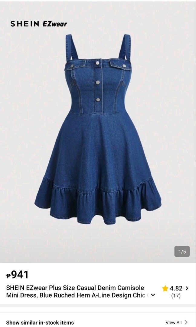PLUS SIZE DENIM DRESS (Category: Dresses) located in Pasig City. Submitted by warmdolphin-4e31 (Listing ID 1466168091, Image 1). Description: PLUS SIZE DENIM DRESS ORIGINAL PRICE P900 - Brand: SHEIN EZwear - Style: Denim camisole mini dress with A-line shape and ruffled hem - Size: Plus size - Color: Blue - Features: Thick straps, front button placket - Condition: Excellen - Versatility: Great for casual day outs or layering over long-sleeve tops