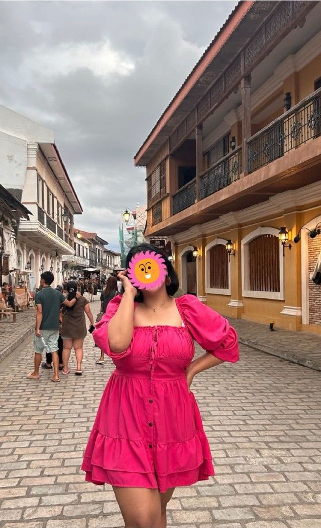 PLUS SIZE HOT PINK RUFFLED DRESS (Category: Dresses) located in Pasig City. Submitted by warmdolphin-4e31 (Listing ID 1466165204, Image 2). Description: Latrice Dress by Plus Size Collection in Hot Pink ORIGINAL SHOPPEE PRICE: P319 WORN TWICE. - Brand/Style: Latrice dress by Plus Size Collection - Color: Super vibrant hot pink - Condition: Great shape, no stains or rips - Features: Square neckline with front tie, functional bodice buttons, long p