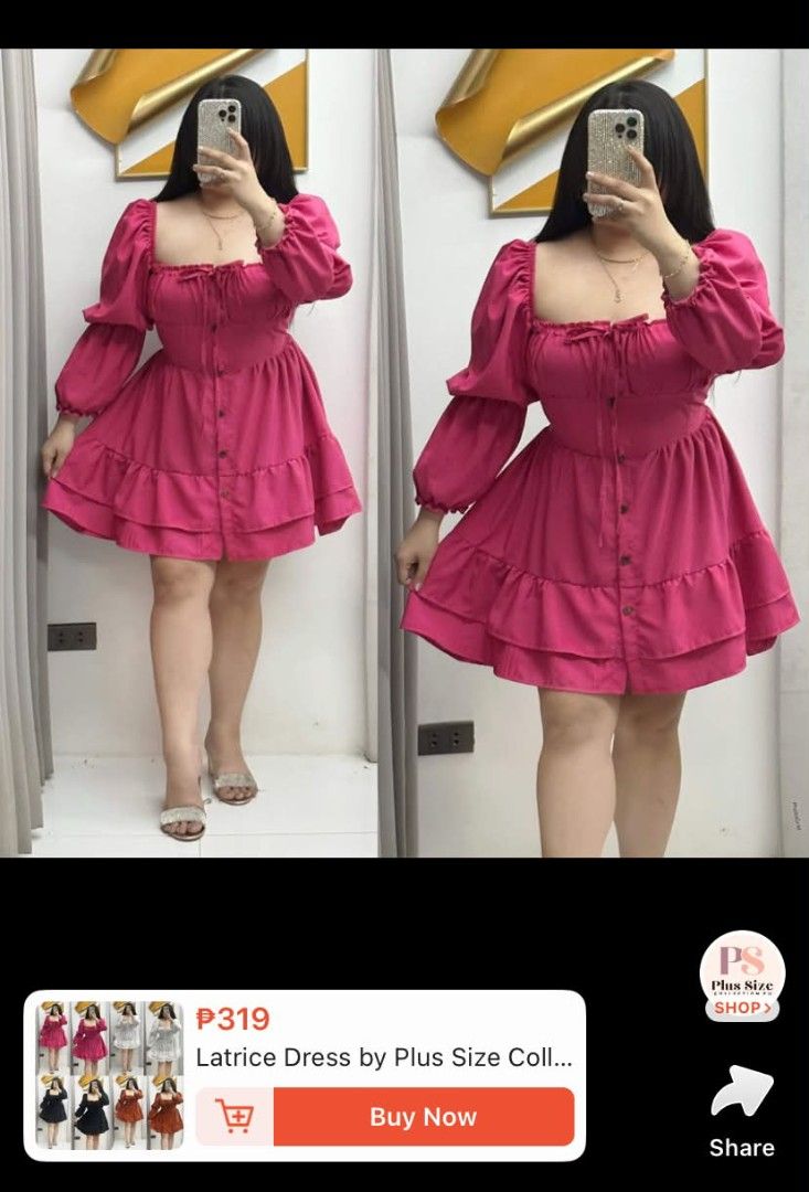 PLUS SIZE HOT PINK RUFFLED DRESS (Category: Dresses) located in Pasig City. Submitted by warmdolphin-4e31 (Listing ID 1466165204, Image 1). Description: Latrice Dress by Plus Size Collection in Hot Pink ORIGINAL SHOPPEE PRICE: P319 WORN TWICE. - Brand/Style: Latrice dress by Plus Size Collection - Color: Super vibrant hot pink - Condition: Great shape, no stains or rips - Features: Square neckline with front tie, functional bodice buttons, long p