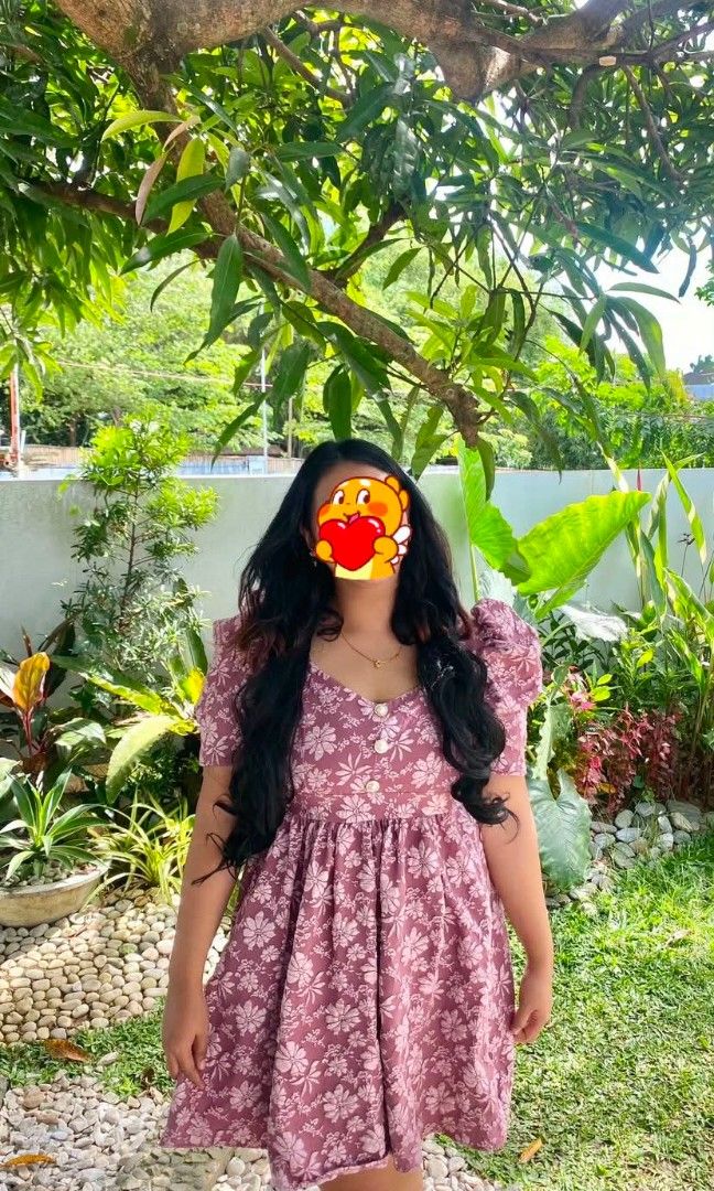 PLUS SIZE PINK DRESS (Category: Dresses) located in Pasig City. Submitted by warmdolphin-4e31 (Listing ID 1466164821, Image 2). Description: Chandria Dress Plus Size Floral Puff Sleeve ORIGINAL SHOPPEE PRICE: P579 USED ONCE ONLY. - Color & Pattern: Mauve pink with white floral jacquard - Design: Square neckline, puff sleeves, and faux pearl front buttons - Silhouette: Fitted bodice with a flared pleated skirt - Fit: Plus size collection, standard