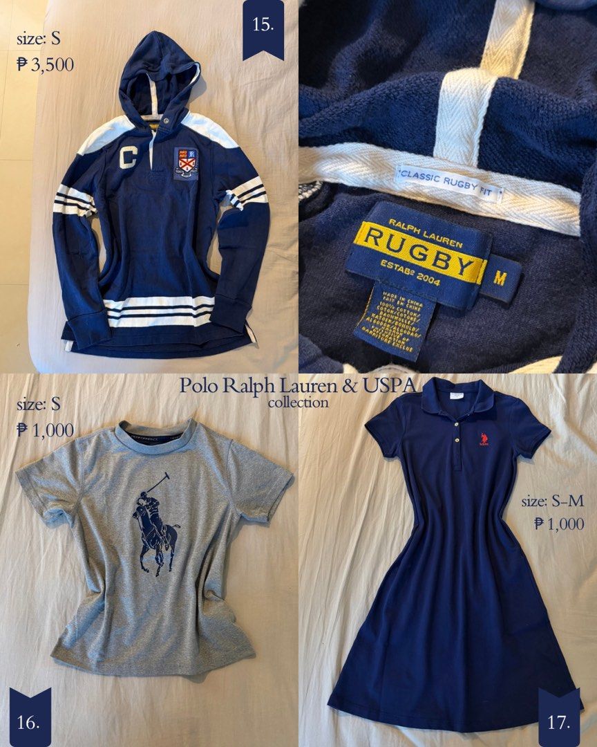 Polo Ralph Lauren & USPA collection bundle (Category: Others Tops) located in Taguig. Submitted by gailleee (Listing ID 1466279243, Image 1). Description: - 3-piece branded bundle available for grab - Piece 1: Ralph Lauren Rugby blue hooded sweatshirt, Size M (classic rugby fit) - Piece 2: Grey Polo Ralph Lauren performance t-shirt, Size S (large embroidered pony logo) - Piece 3: Blue USPA polo dress, Size S-M (small red logo detail) - Message fo