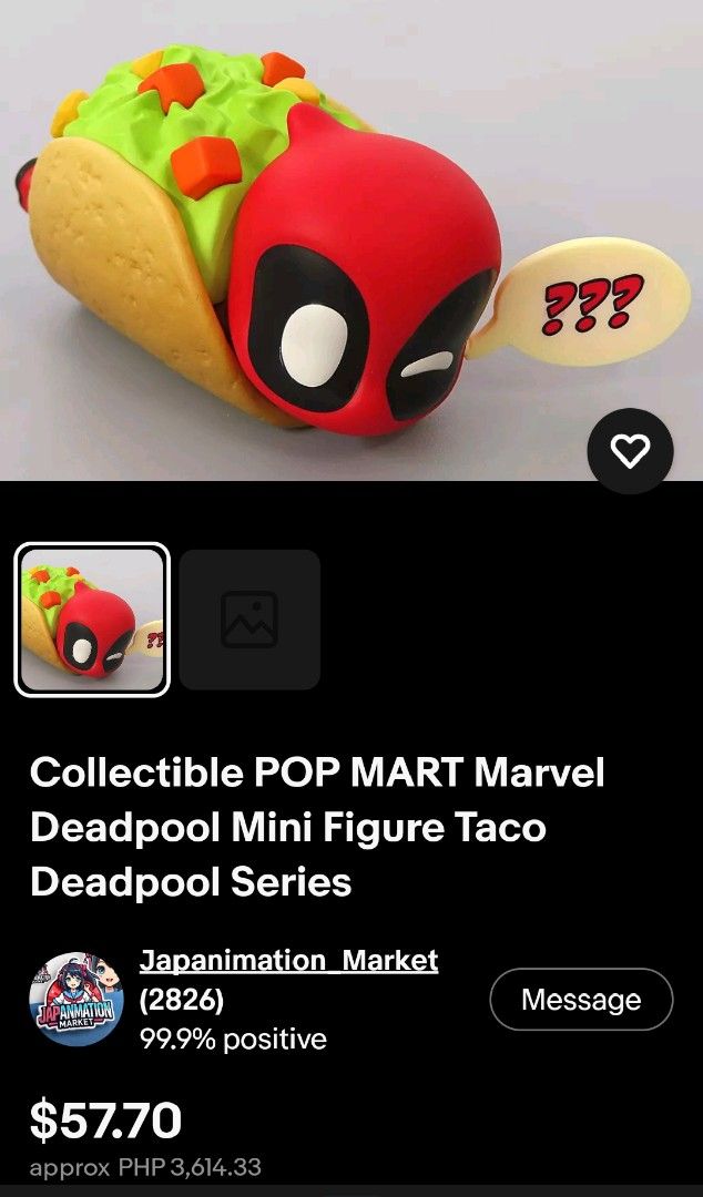 POP MART Marvel Deadpool Mini Figure Taco Deadpool Series (Category: Designer & Blind Box Toys) located in Bocaue. Submitted by lalamovexthriftselect (Listing ID 1466218218, Image 1). Description: - Authentic POP MART x Marvel Deadpool Taco collectible figure - Adorable design featuring Deadpool dressed as a taco with detailed fillings and boots - Official POP MART and MARVEL stamping on the bottom - Compact size, perfect for Marvel and designer 