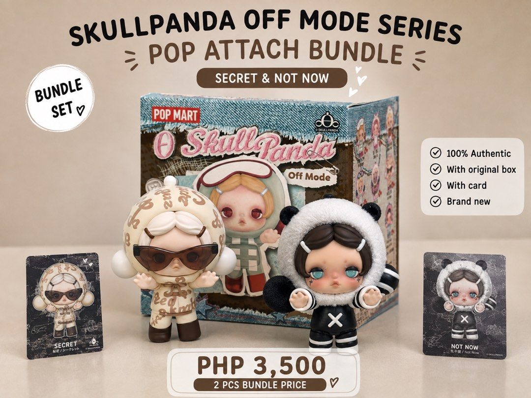 Pop Mart Skullpanda Off Mode Pop Attach Bundle Secret Not Now (Category: Designer & Blind Box Toys) located in Quezon City. Submitted by czclwgnbtngn (Listing ID 1466298597, Image 1). Description: -LAST PRICE POSTED!!!!! no to low ballers! Pop Mart Skullpanda Off Mode series bundle - Includes 2 pieces: Secret figure and Not Now figure - 100% authentic guaranteed - Brand new, never opened, and in pristine condition - Complete with original boxes a
