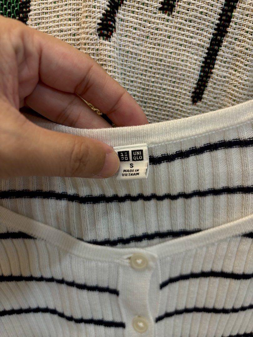 Preloved bundle Uniqlo Ribbed Cropped Cardigan (Category: Coats, Jackets and Outerwear) located in Quezon City. Submitted by MyJanuary (Listing ID 1466197926, Image 2). Description: - Preloved Uniqlo Ribbed crop cardigan - bundle price for ₱450 - the one in stripes has a flaw shown on picture. - This is not ukay. Bought in uniqlo store.. - Flaws: Small light stain near the bottom hem by the buttons - rfs: doens’t fit me anymore 🥲 Mop: gcash Mod: