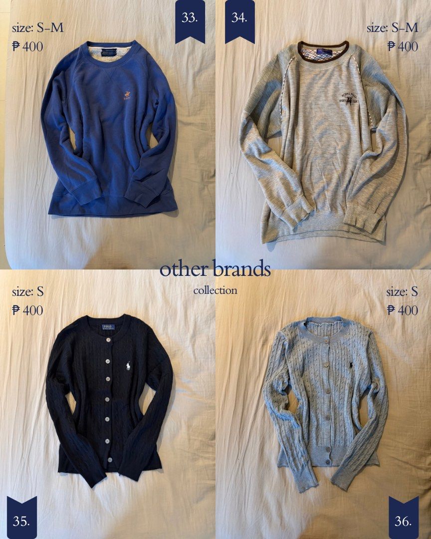 Preloved Sweaters, Cardigans, and Tops (Category: Coats, Jackets and Outerwear) located in Taguig. Submitted by gailleee (Listing ID 1466280210, Image 1). Description: - Closet clearout sale: Multiple styles available - Sizes: S to S-M - Grab them before they're gone!.