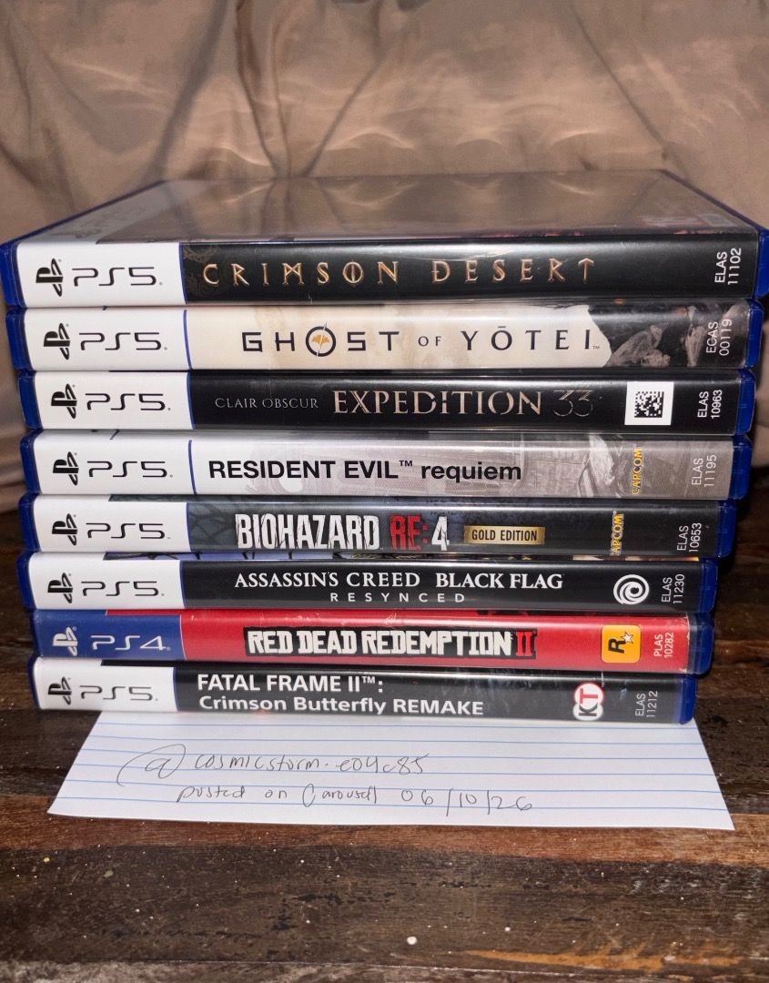 Ps5 Games (Category: PlayStation) located in Iloilo. Submitted by cosmicstorm.e04c85 (Listing ID 1466312458, Image 1). Description: red dead redemption 2 ₱700 expedition 33 ₱1k Ghost of yotei ₱1.3k resident evil 4 gold unused codes ₱1.3k Crimson desert ₱2.1k fatal frame ₱800 Assassins creed black flag ₱2k resident evil requiem ₱1.3k all items are second hand and have been handled with care, all disks are in very good condition 📍iloilo 🚚j&t.