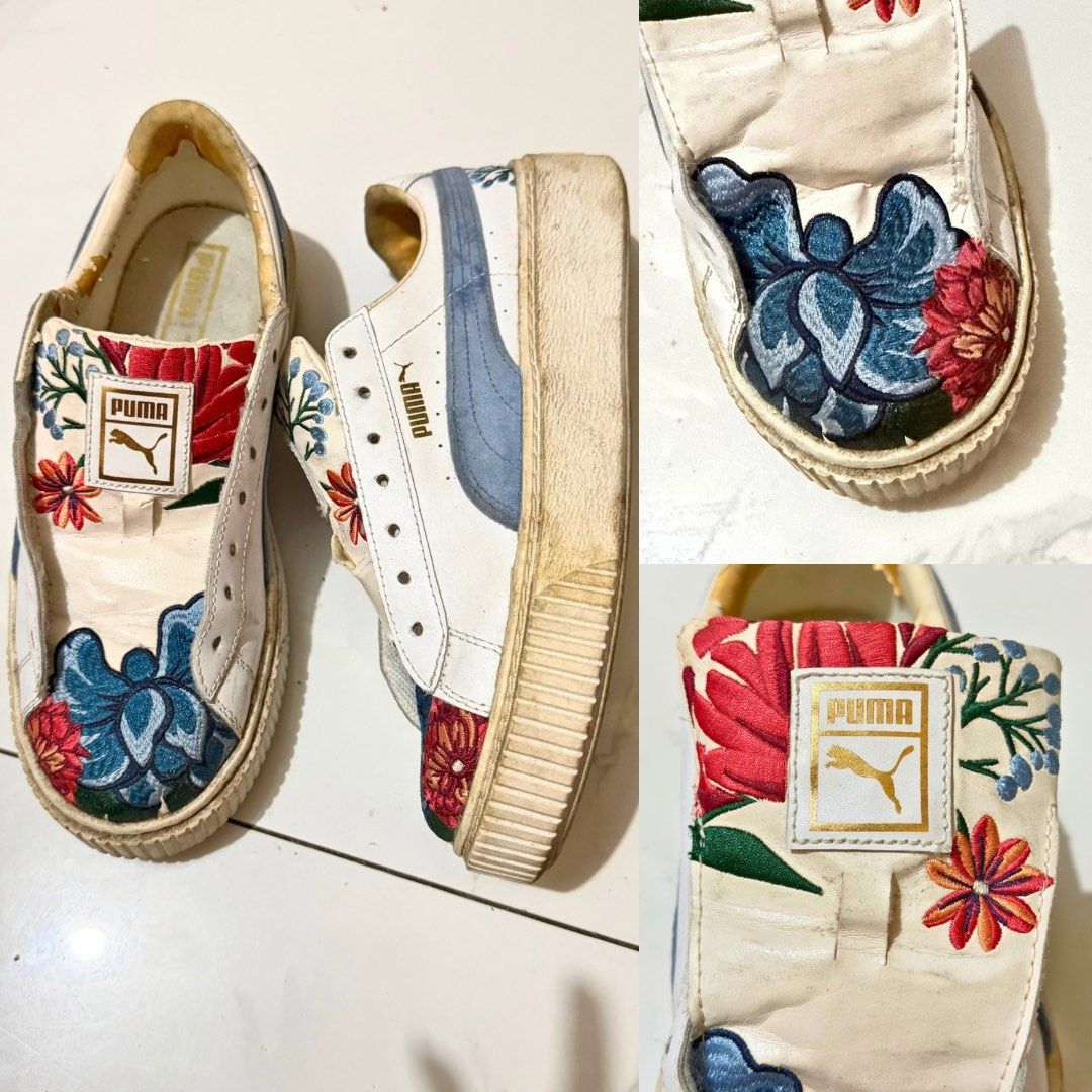 Authentic Puma Platform Hyper 'Embroidered Floral' Sneakers (Category: Sneakers) located in Caloocan City. Submitted by lovedbyzee (Listing ID 1466268723, Image 1). Description: ₊˚⊹♡ ➔ Brand: Puma (Authentic) ₊˚⊹♡ ➔ Size: US Women’s 9 / UK 6.5 / EUR 40 / 25.5 CM ₊˚⊹♡ ➔ Condition: Preloved with typical signs of wear/discoloration on the white leather and platform soles, but structurally solid and the detailed embroidery is pristine—just needs a go