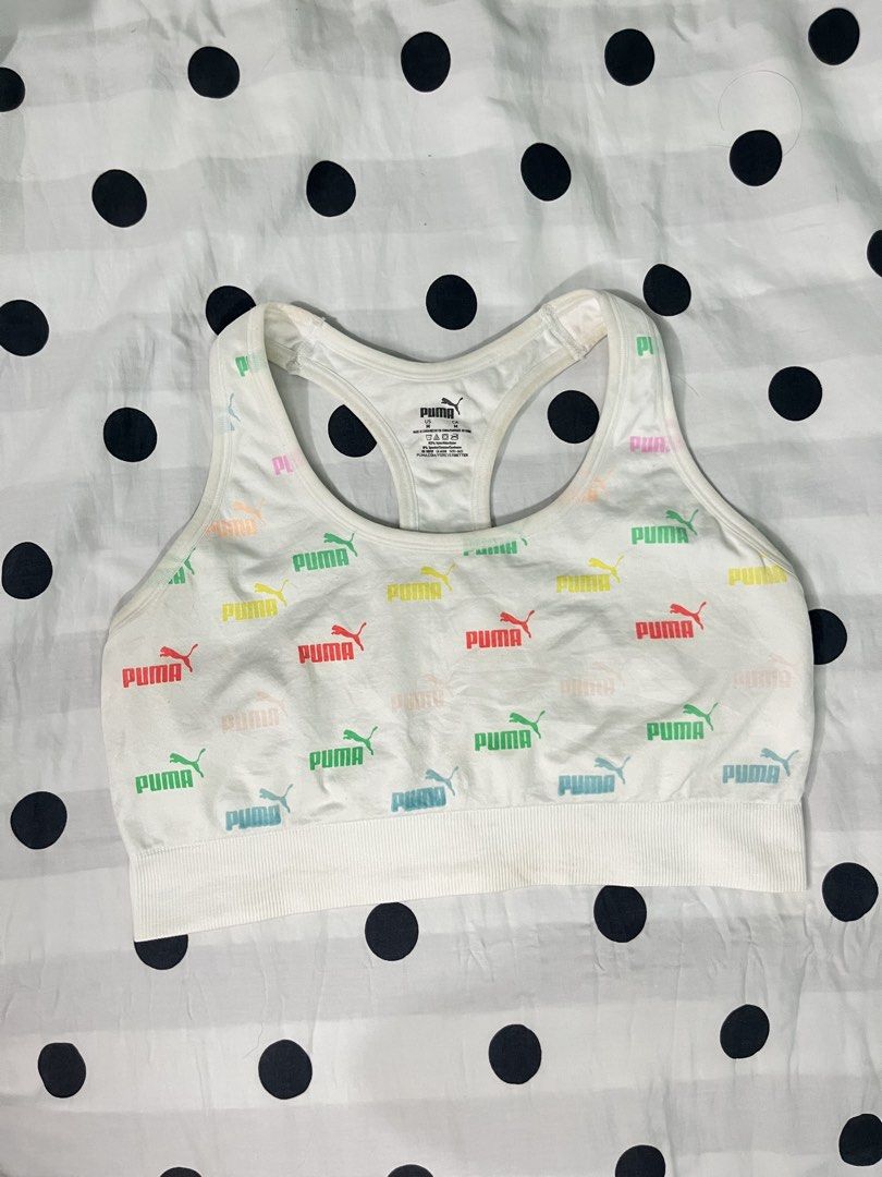 Puma sports bra (Category: Activewear) located in Bacoor. Submitted by chrstnsnjs (Listing ID 1466256209, Image 1). Description: Puma sports bra size M No pads. but it has slot Underbust 14 inch 9/10 condition ₱350+ sf Jnt shipping .