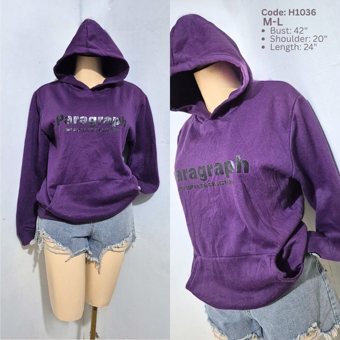Purple Paragraph Graphic Hoodie (Category: Hoodies) located in Cabanatuan. Submitted by _erboutique (Listing ID 1466268319, Image 1). Description: -Deep purple hoodie with bold Paragraph print -Soft cozy fabric -Relaxed fit perfect for M to L -Bust 42 shoulder 20 length 24 inches -Cool casual streetwear vibe -Great condition, ready to wear.