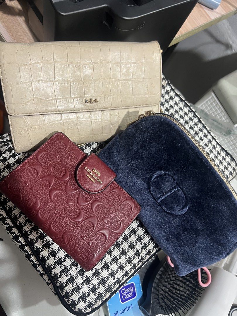 Ralph Lauren, Coach, and Dior items bundle (Category: Luxury Bags & Wallets) located in Marikina City. Submitted by ash_2 (Listing ID 1466173666, Image 1). Description: 1k -Beige Ralph Lauren faux-croc wallet 8k Maroon Coach signature leather wallet (snap flap), 1300 Dior- dark blue velvet zippered pouch with logo .